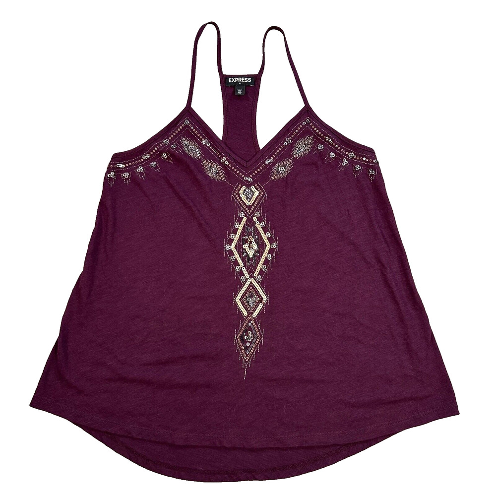 Express Racerback Sequined Tank Top Women's X-Small Purple Y2K VNeck Embroidered